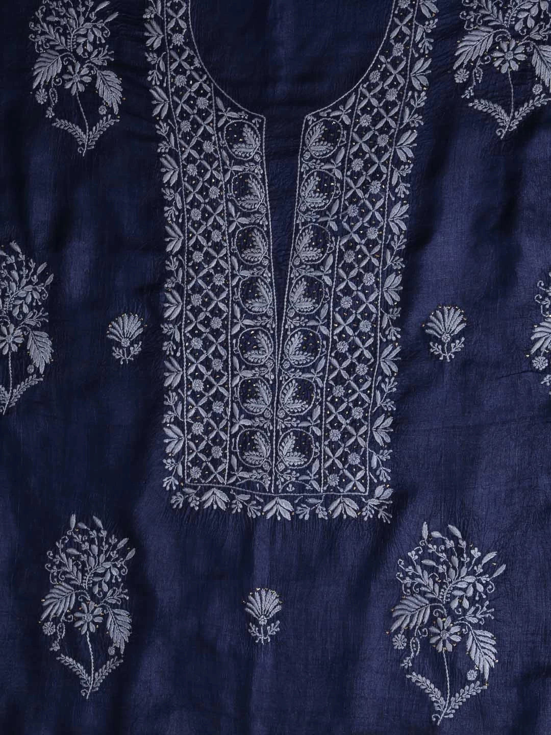 Ada Hand Embroidered Navy Blue Silk Lucknowi Chikankari Unstitched Kurta Dupatta Set With Muqaish Work 01A418367