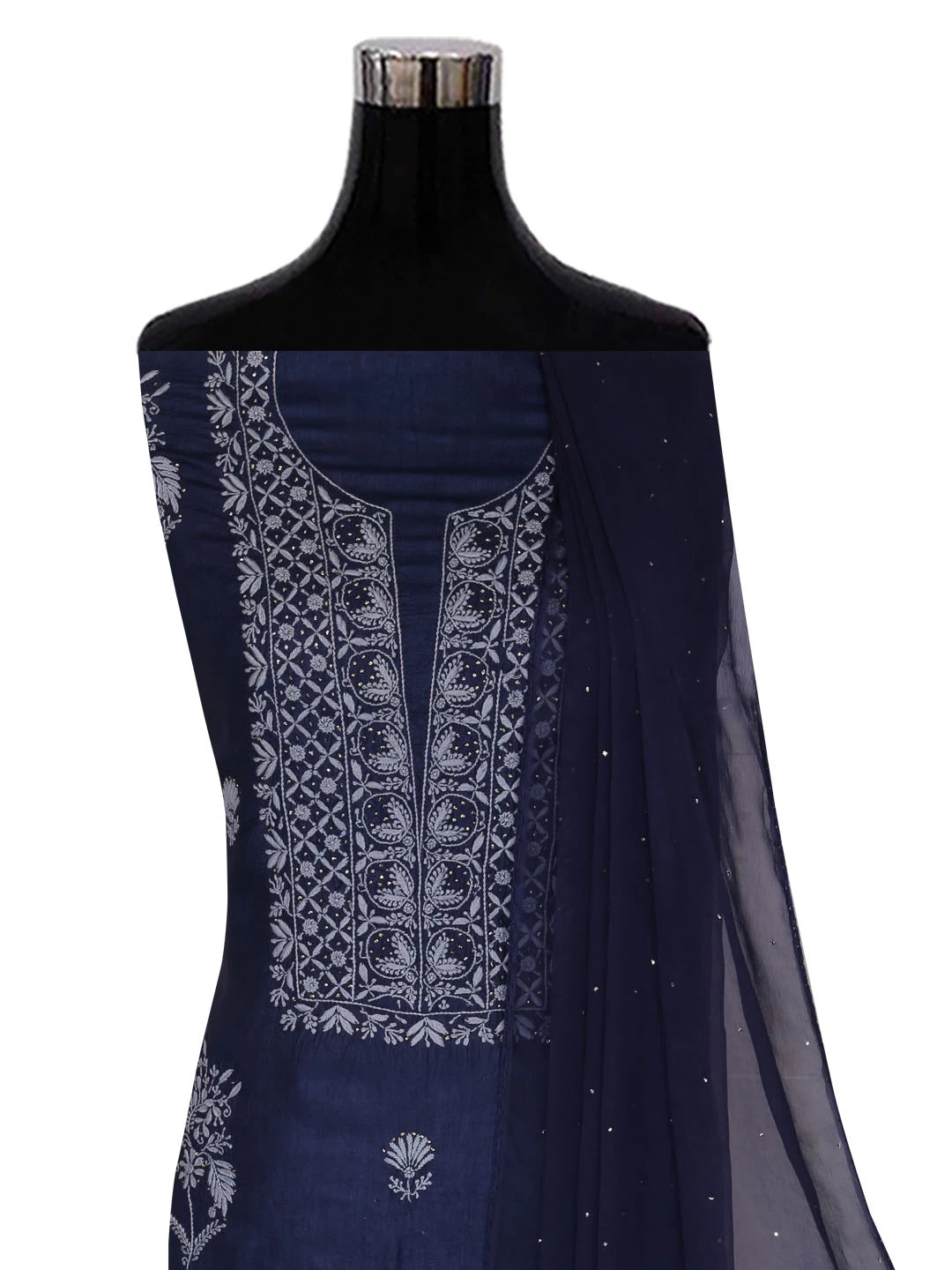 Ada Hand Embroidered Navy Blue Silk Lucknowi Chikankari Unstitched Kurta Dupatta Set With Muqaish Work 01A418367