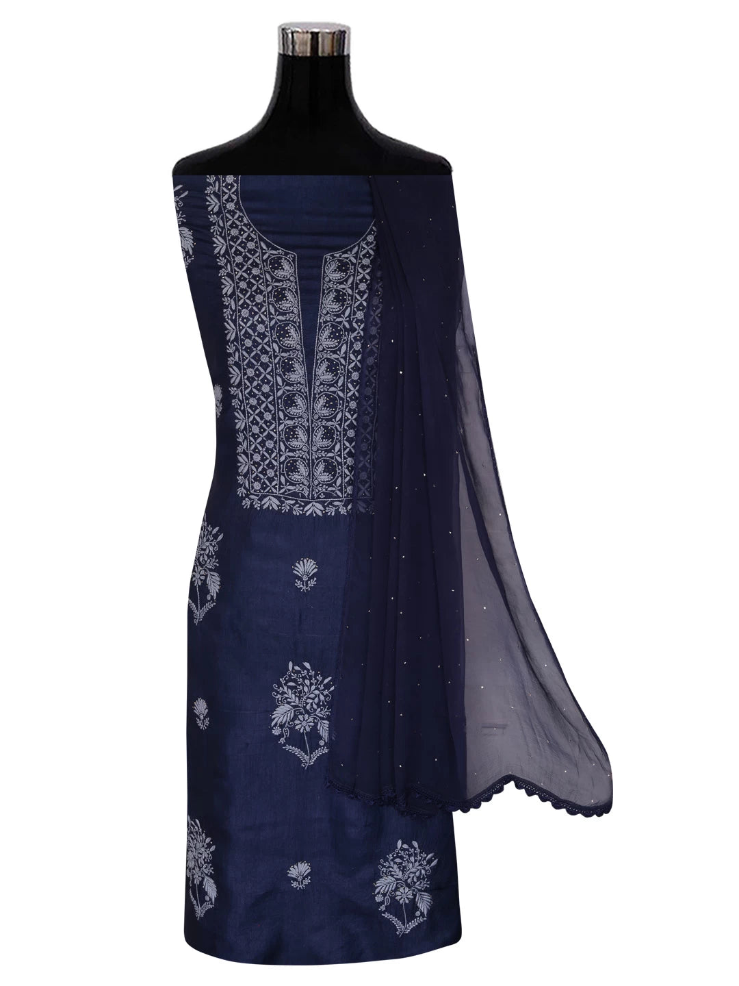 Ada Hand Embroidered Navy Blue Silk Lucknowi Chikankari Unstitched Kurta Dupatta Set With Muqaish Work 01A418367