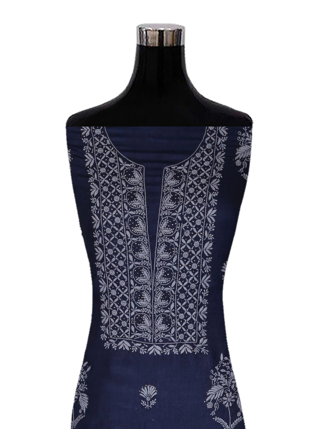 Ada Hand Embroidered Navy Blue Silk Lucknowi Chikankari Unstitched Kurta Dupatta Set With Muqaish Work 01A418367