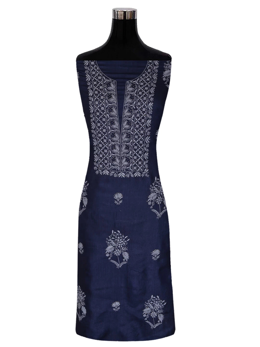 Ada Hand Embroidered Navy Blue Silk Lucknowi Chikankari Unstitched Kurta Dupatta Set With Muqaish Work 01A418367