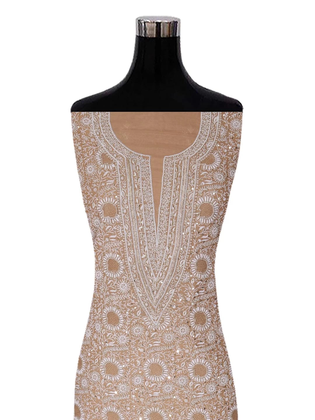 Ada Hand Embroidered Latte Fawn Tissue Lucknowi Chikankari Unstitched Kurta Dupatta Set With Cutdana Work 01A397976