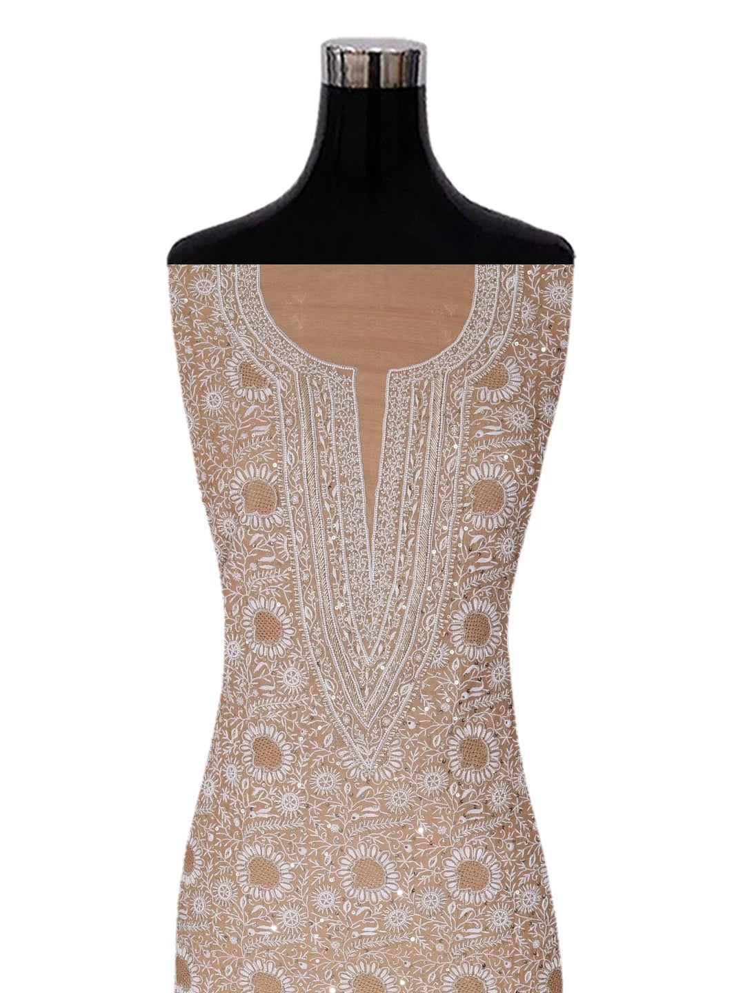 Ada Hand Embroidered Latte Fawn Tissue Lucknowi Chikankari Unstitched Kurta Dupatta Set With Cutdana Work 01A397976