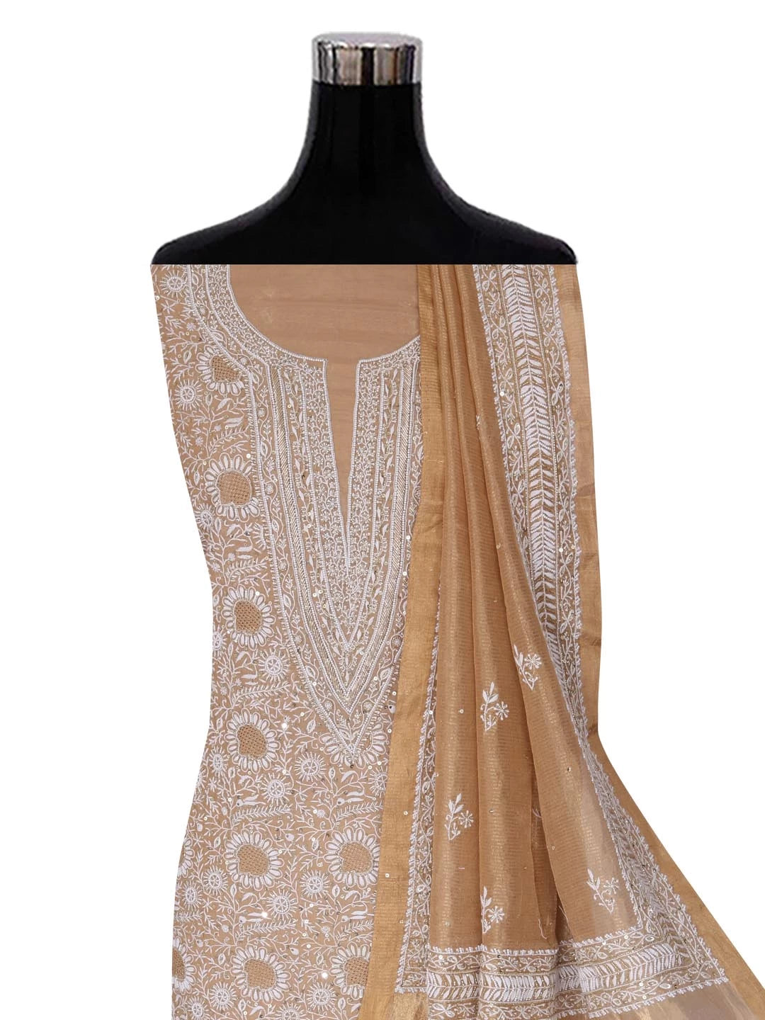 Ada Hand Embroidered Latte Fawn Tissue Lucknowi Chikankari Unstitched Kurta Dupatta Set With Cutdana Work 01A397976