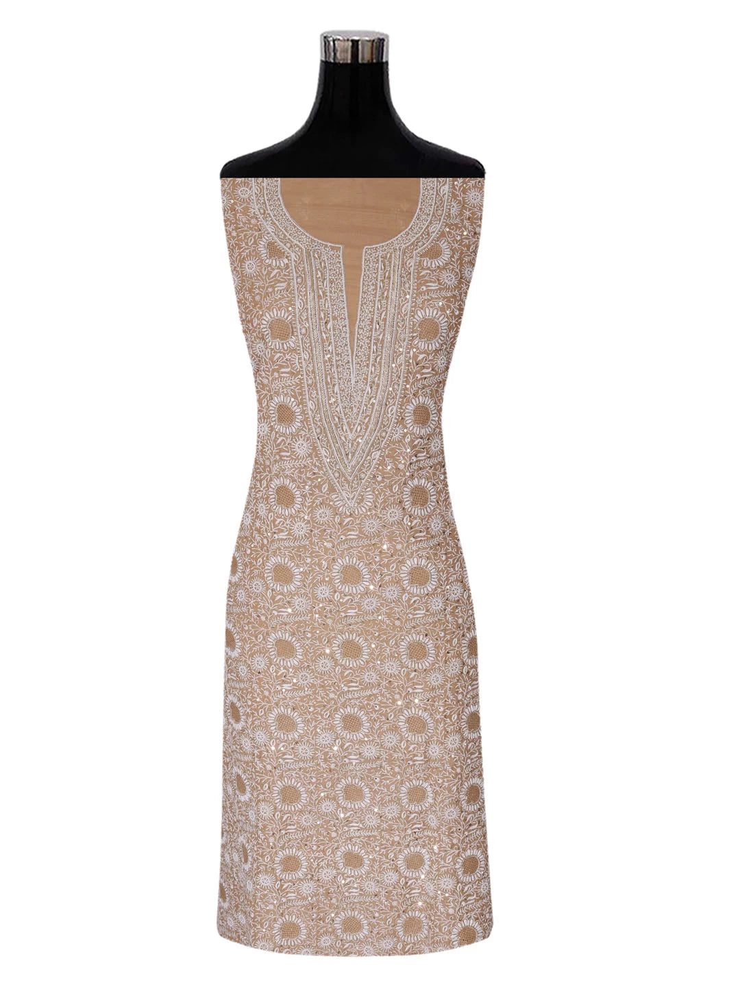 Ada Hand Embroidered Latte Fawn Tissue Lucknowi Chikankari Unstitched Kurta Dupatta Set With Cutdana Work 01A397976