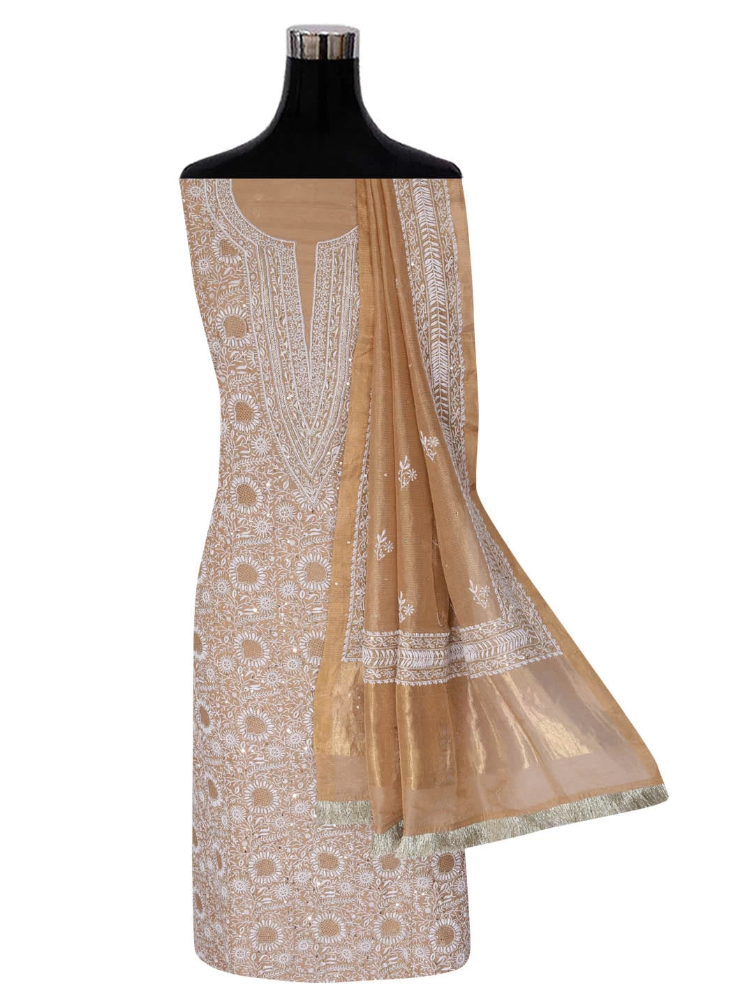 Ada Hand Embroidered Latte Fawn Tissue Lucknowi Chikankari Unstitched Kurta Dupatta Set With Cutdana Work 01A397976