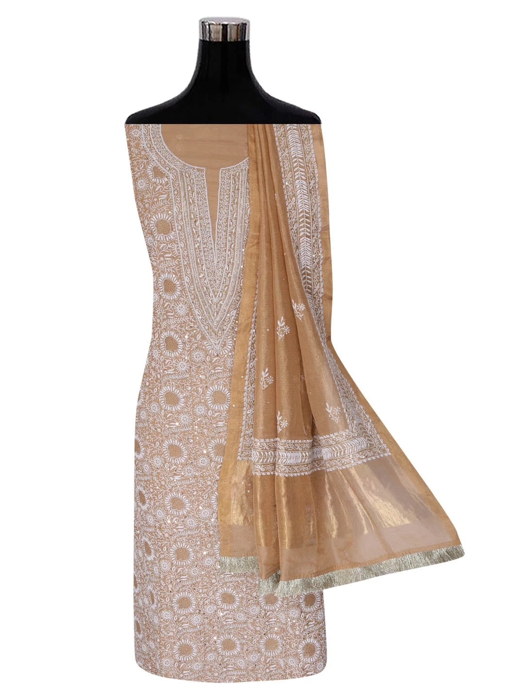 Ada Hand Embroidered Latte Fawn Tissue Lucknowi Chikankari Unstitched Kurta Dupatta Set With Cutdana Work 01A397976