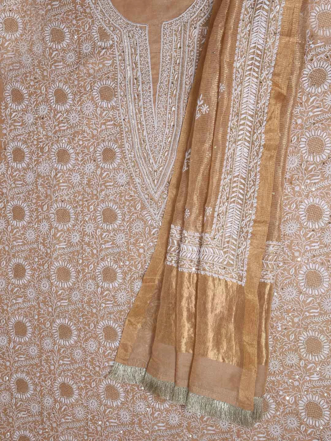 Ada Hand Embroidered Latte Fawn Tissue Lucknowi Chikankari Unstitched Kurta Dupatta Set With Cutdana Work 01A397976