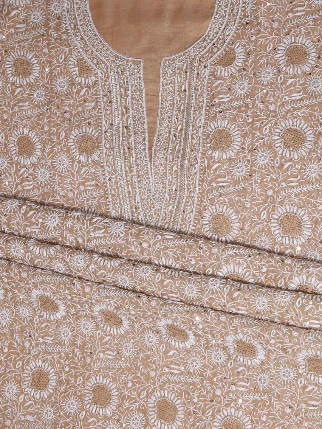 Ada Hand Embroidered Latte Fawn Tissue Lucknowi Chikankari Unstitched Kurta Dupatta Set With Cutdana Work 01A397976