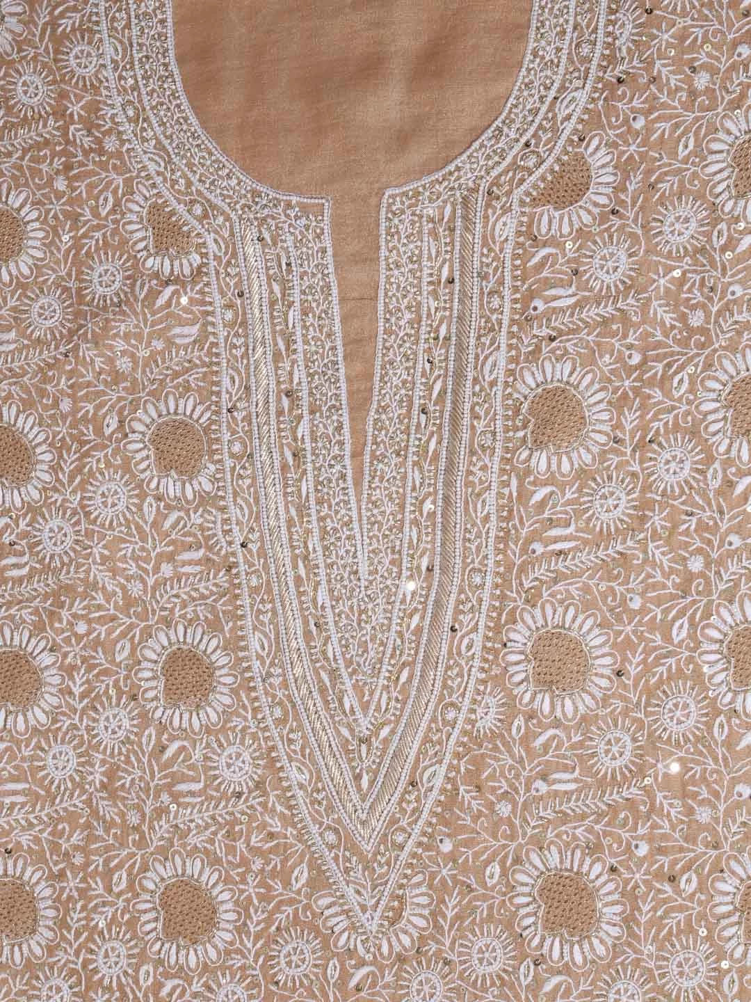 Ada Hand Embroidered Latte Fawn Tissue Lucknowi Chikankari Unstitched Kurta Dupatta Set With Cutdana Work 01A397976