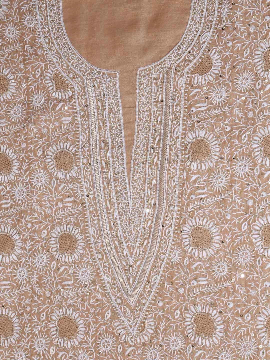 Ada Hand Embroidered Latte Fawn Tissue Lucknowi Chikankari Unstitched Kurta Dupatta Set With Cutdana Work 01A397976