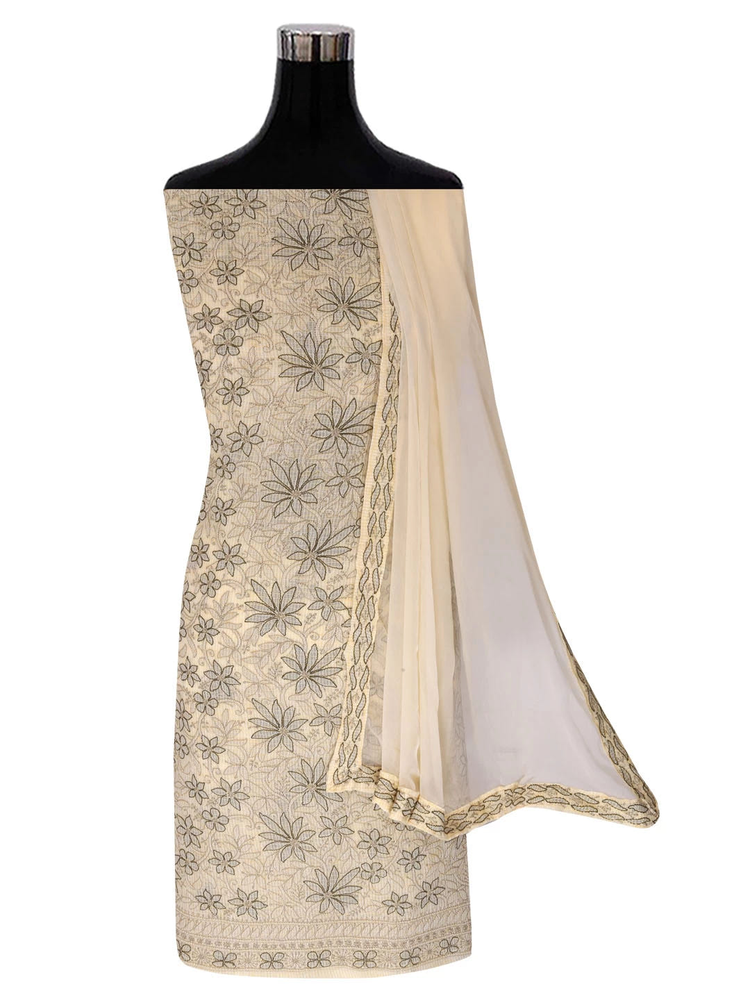 Ada Hand Embroidered Beige Kota Cotton Lucknowi Chikankari Unstitched Suit Piece 01A418064