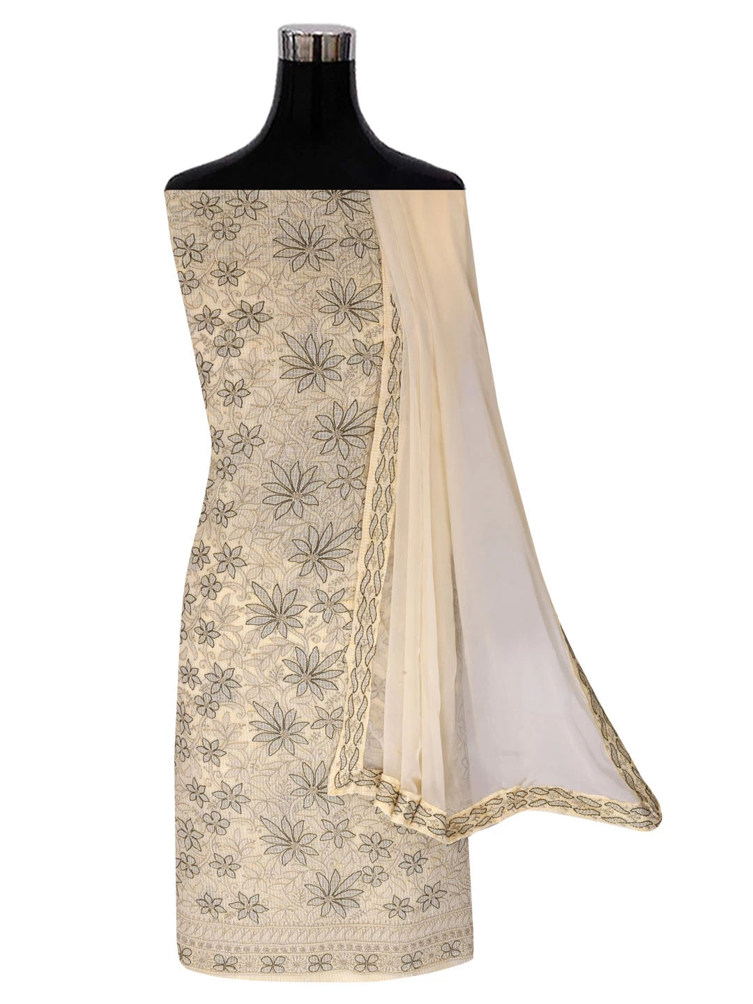 Ada Hand Embroidered Beige Kota Cotton Lucknowi Chikankari Unstitched Suit Piece 01A418064