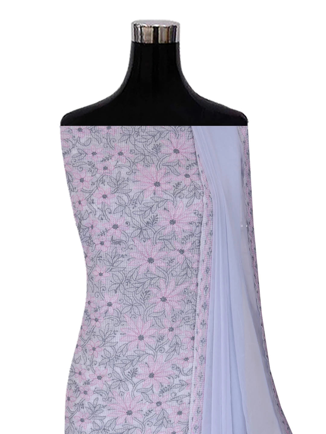 Ada Hand Embroidered Silver Grey Kota Lucknowi Chikankari Unstitched Suit Piece 01A418062