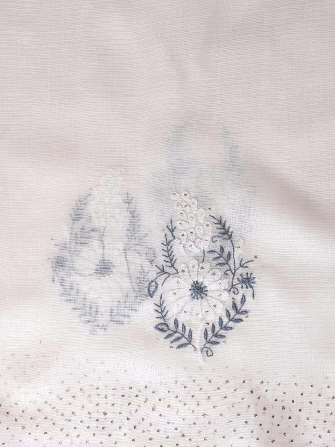 Ada Hand Embroidered Cream Kota Silk Lucknowi Chikankari Saree/Blouse With Mukaish Work 01A418260