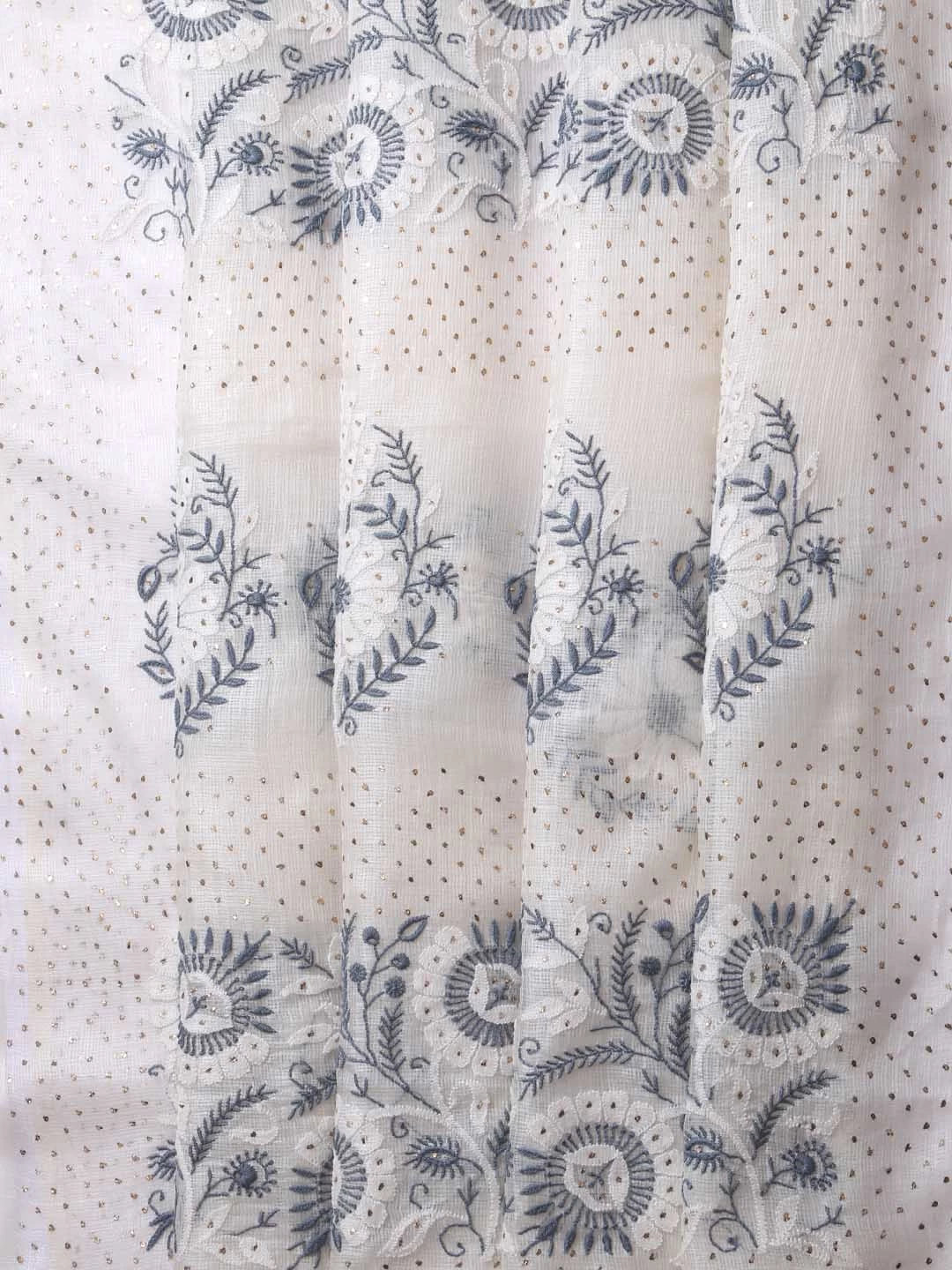 Ada Hand Embroidered Cream Kota Silk Lucknowi Chikankari Saree/Blouse With Mukaish Work 01A418260