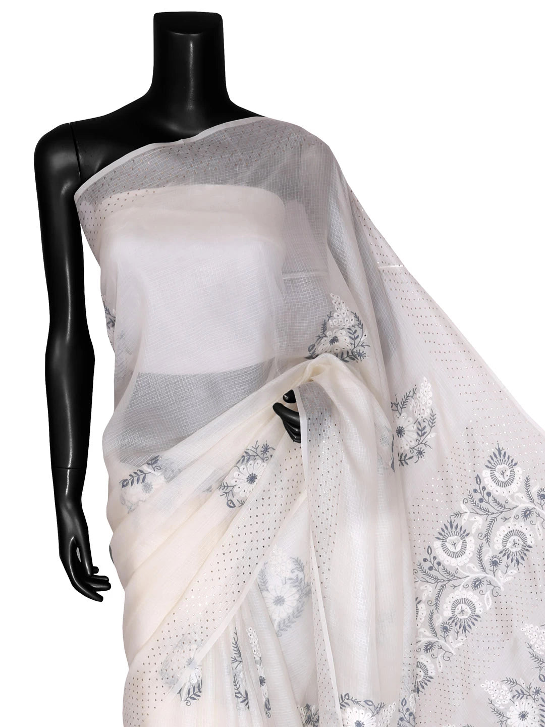 Ada Hand Embroidered Cream Kota Silk Lucknowi Chikankari Saree/Blouse With Mukaish Work 01A418260