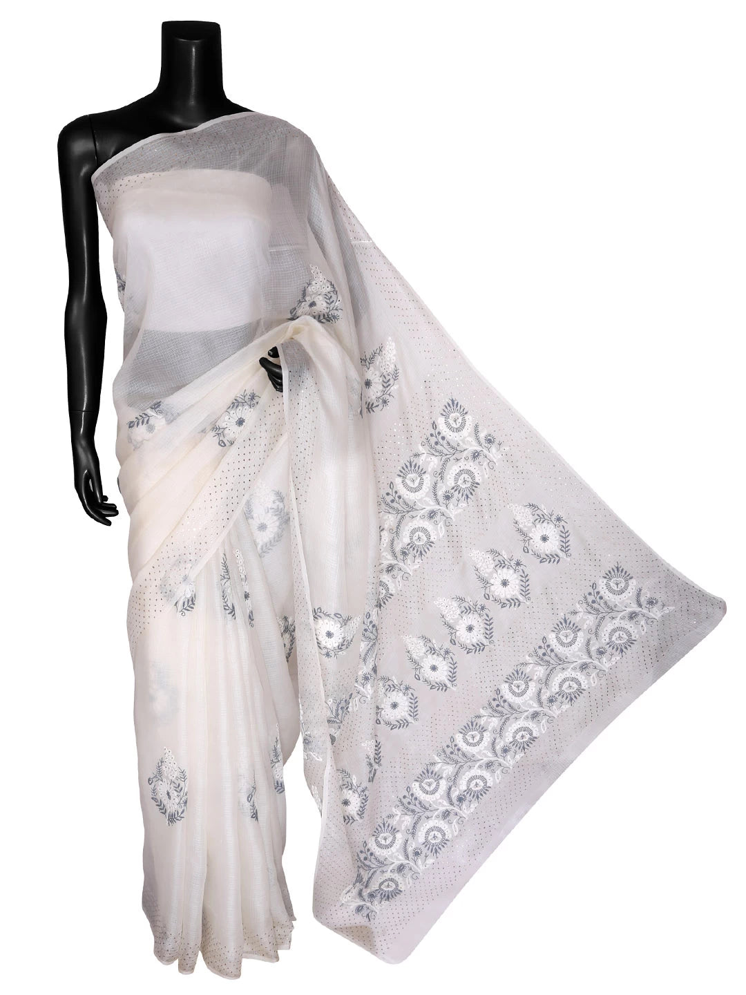 Ada Hand Embroidered Cream Kota Silk Lucknowi Chikankari Saree/Blouse With Mukaish Work 01A418260