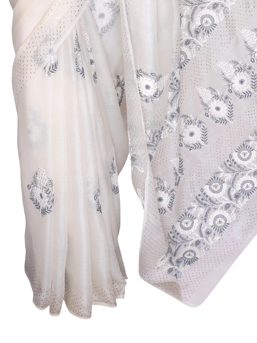 Ada Hand Embroidered Cream Kota Silk Lucknowi Chikankari Saree/Blouse With Mukaish Work 01A418260