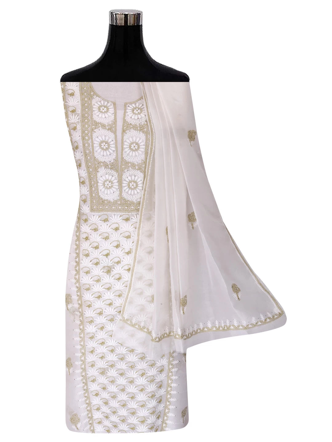 Ada Hand Embroidered Off White Organza Lucknowi Chikankari Unstitched Kurta Dupatta Set With Muqaish Work 01A396072