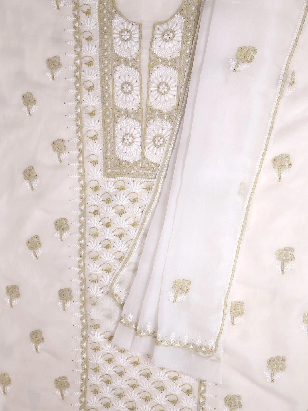 Ada Hand Embroidered Off White Organza Lucknowi Chikankari Unstitched Kurta Dupatta Set With Muqaish Work 01A396072