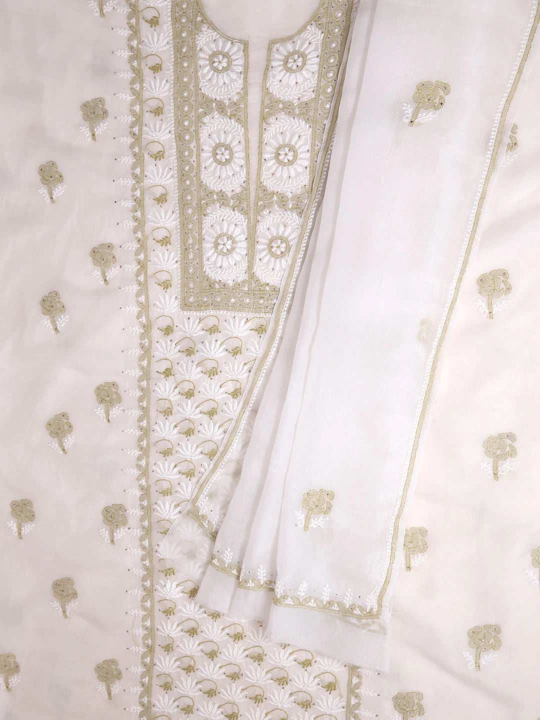 Ada Hand Embroidered Off White Organza Lucknowi Chikankari Unstitched Kurta Dupatta Set With Muqaish Work 01A396072
