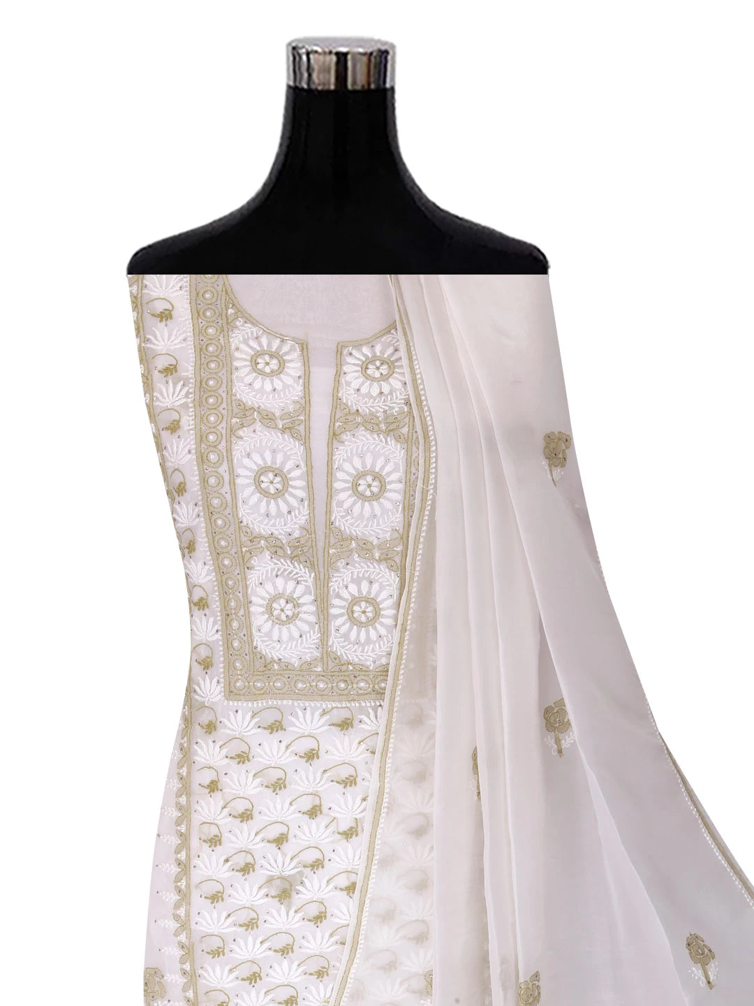 Ada Hand Embroidered Off White Organza Lucknowi Chikankari Unstitched Kurta Dupatta Set With Muqaish Work 01A396072