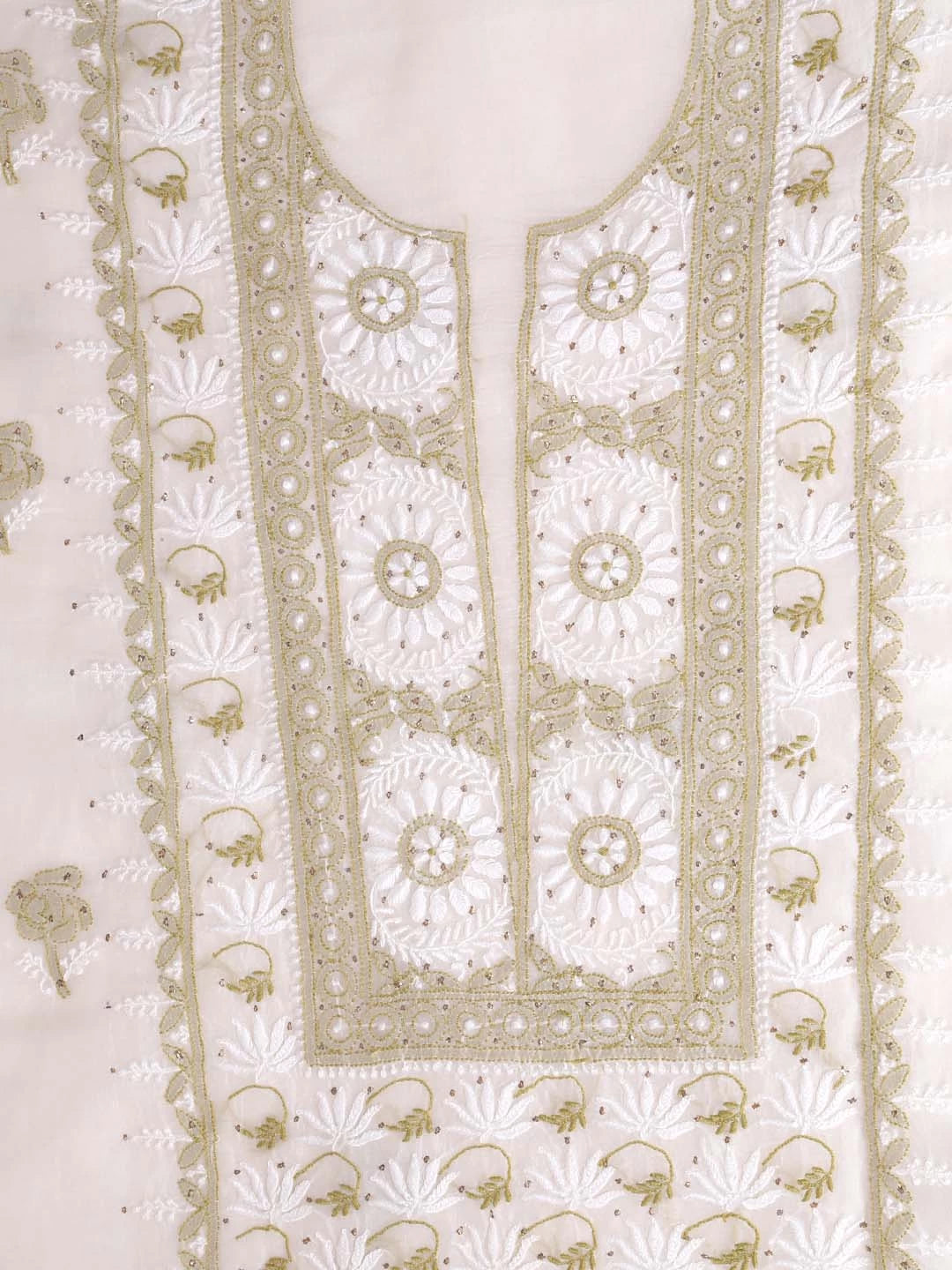 Ada Hand Embroidered Off White Organza Lucknowi Chikankari Unstitched Kurta Dupatta Set With Muqaish Work 01A396072