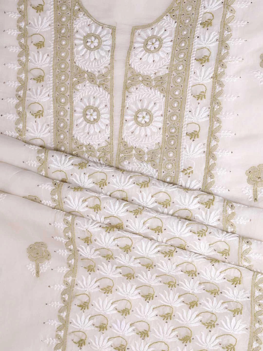 Ada Hand Embroidered Off White Organza Lucknowi Chikankari Unstitched Kurta Dupatta Set With Muqaish Work 01A396072