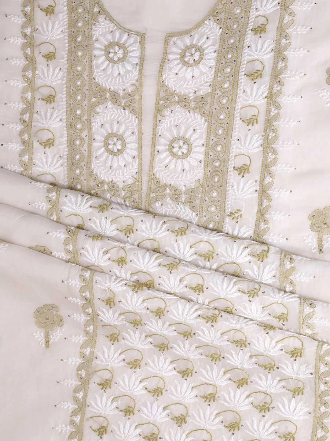 Ada Hand Embroidered Off White Organza Lucknowi Chikankari Unstitched Kurta Dupatta Set With Muqaish Work 01A396072
