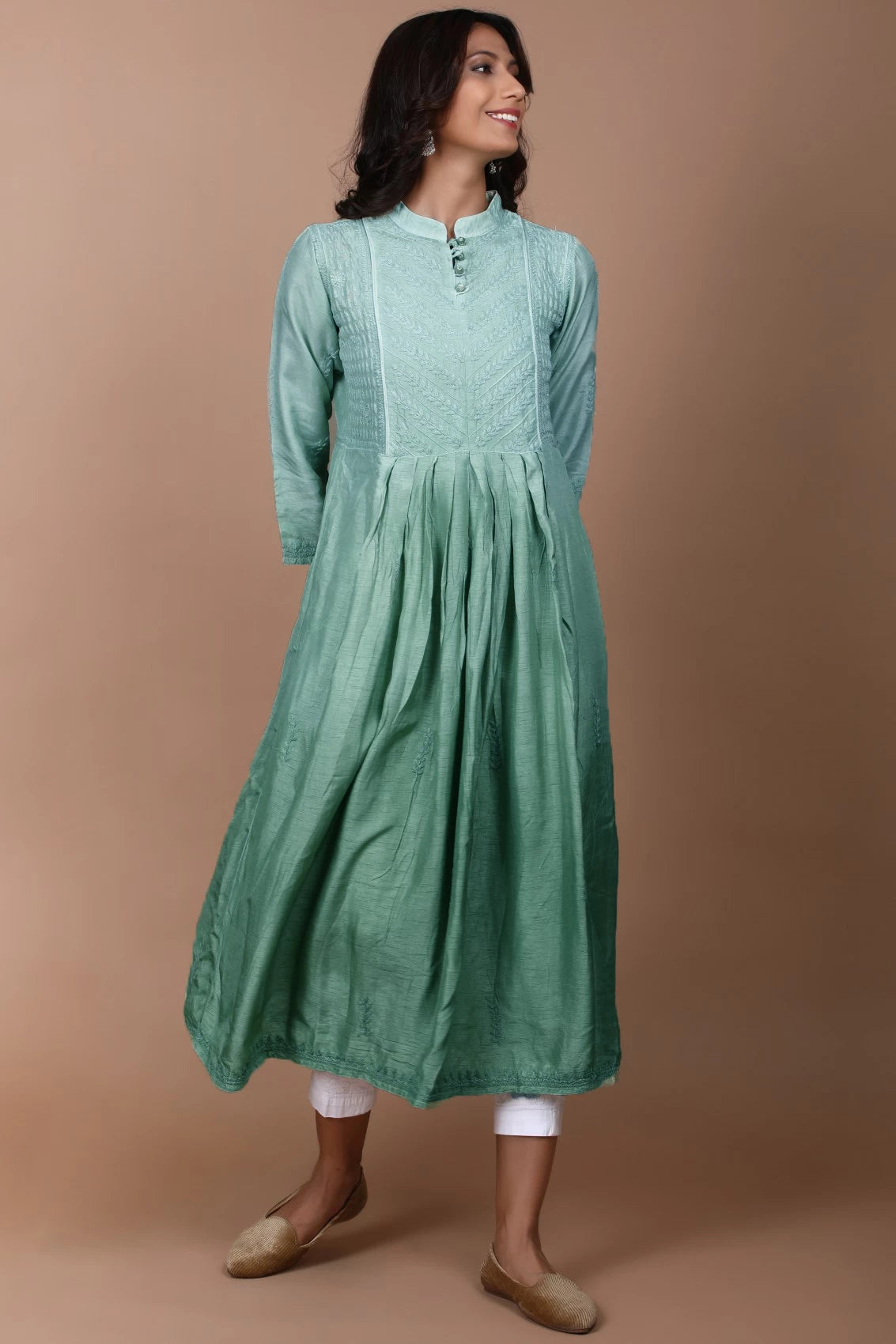 Ada Hand Embroidered Mint Green Chanderi Lucknowi Chikankari A-Line Kurta 01A420800