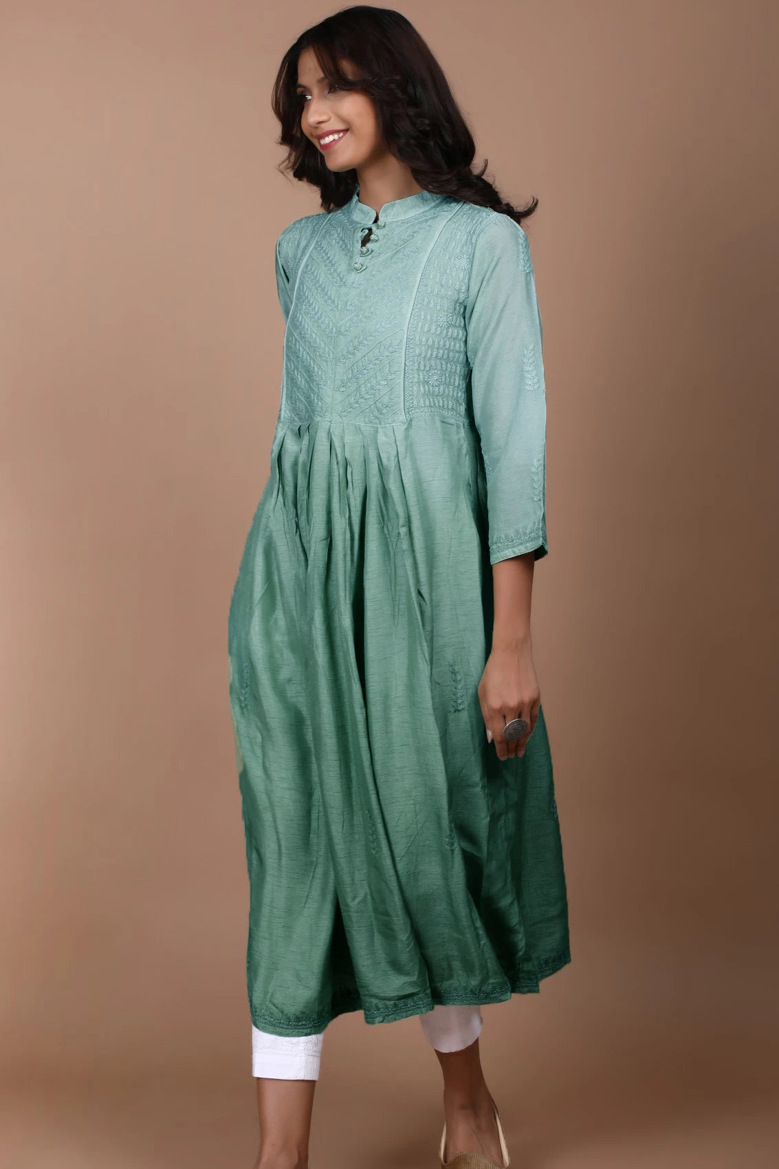 Ada Hand Embroidered Mint Green Chanderi Lucknowi Chikankari A-Line Kurta 01A420800