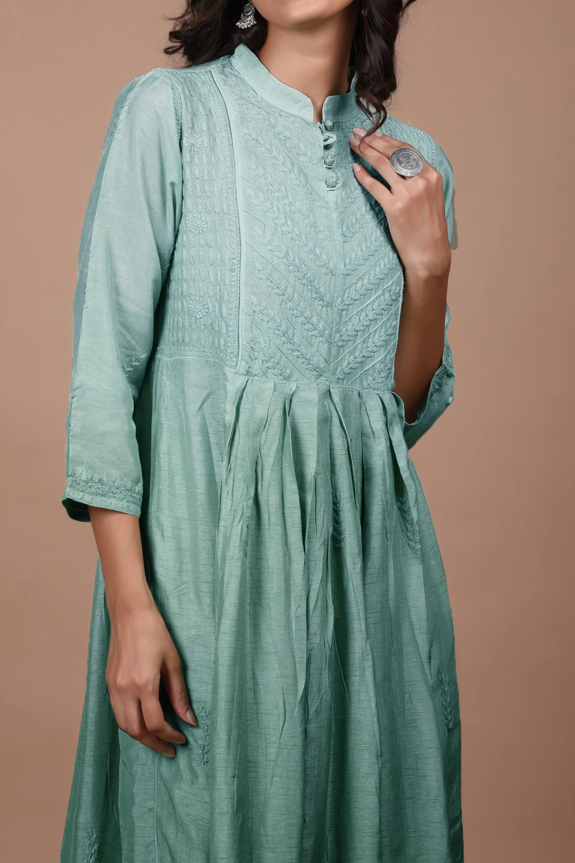 Ada Hand Embroidered Mint Green Chanderi Lucknowi Chikankari A-Line Kurta 01A420800
