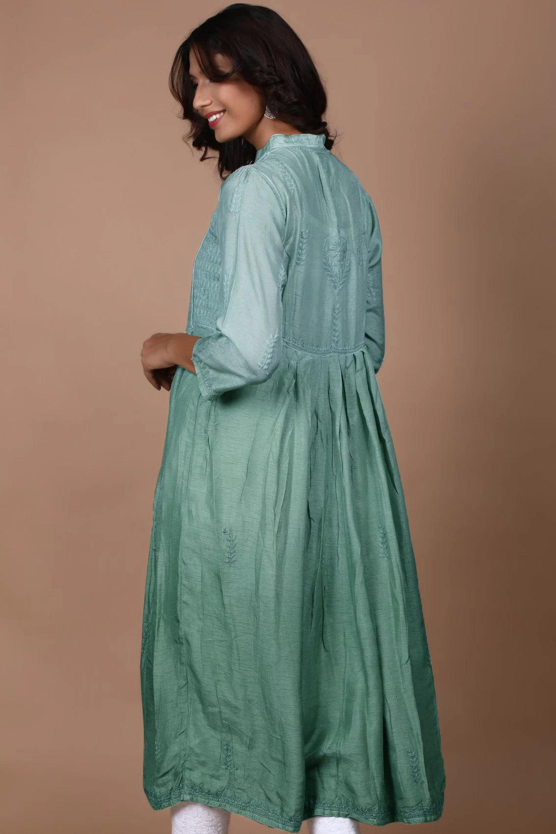 Ada Hand Embroidered Mint Green Chanderi Lucknowi Chikankari A-Line Kurta 01A420800