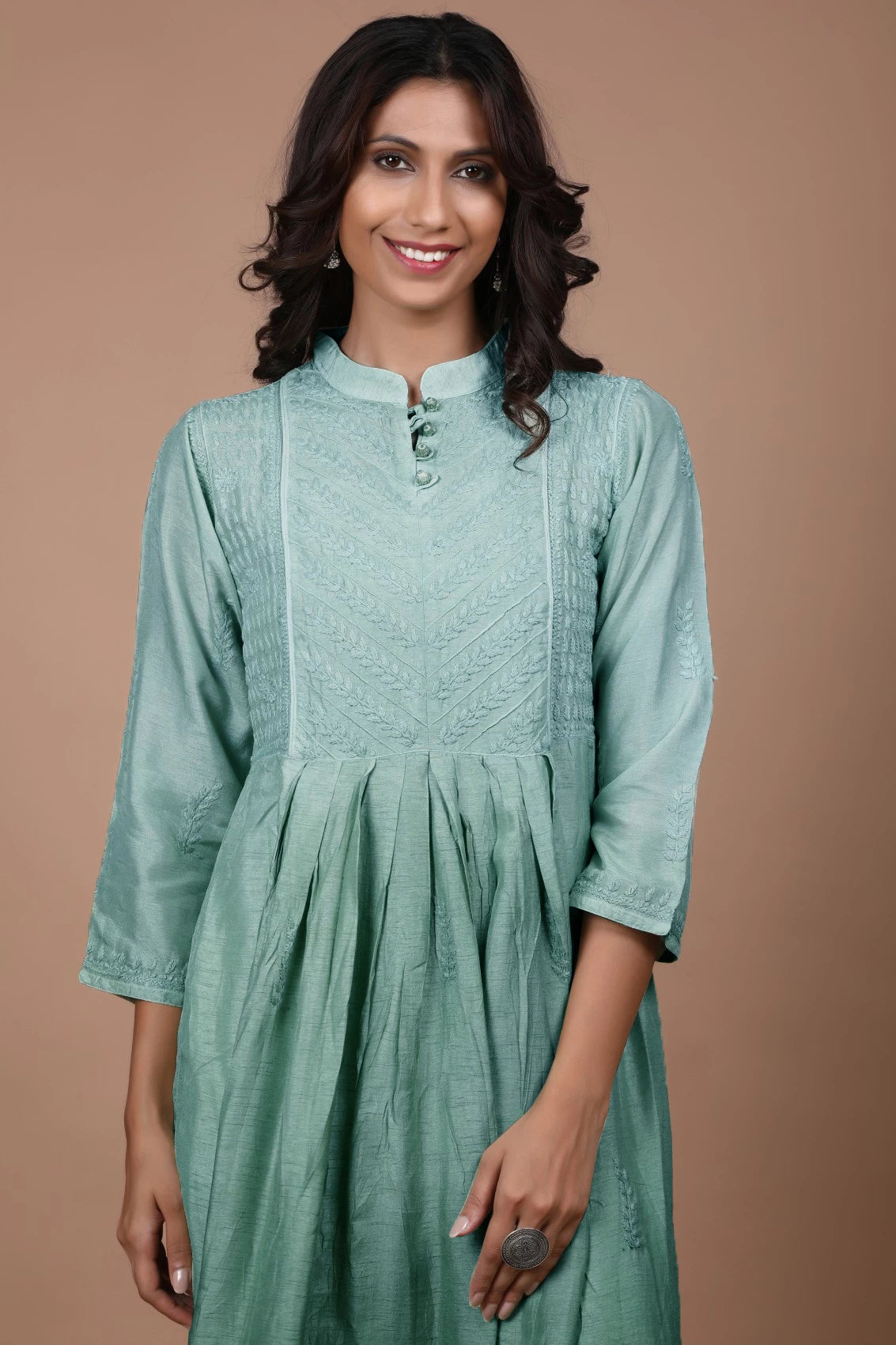 Ada Hand Embroidered Mint Green Chanderi Lucknowi Chikankari A-Line Kurta 01A420800