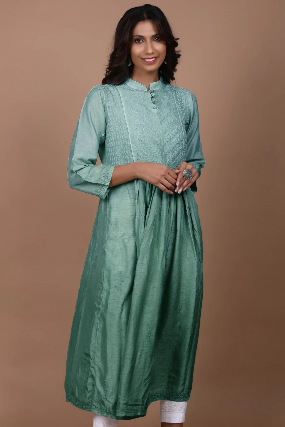 Ada Hand Embroidered Mint Green Chanderi Lucknowi Chikankari A-Line Kurta 01A420800
