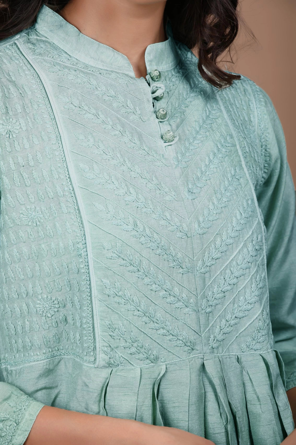 Ada Hand Embroidered Mint Green Chanderi Lucknowi Chikankari A-Line Kurta 01A420800