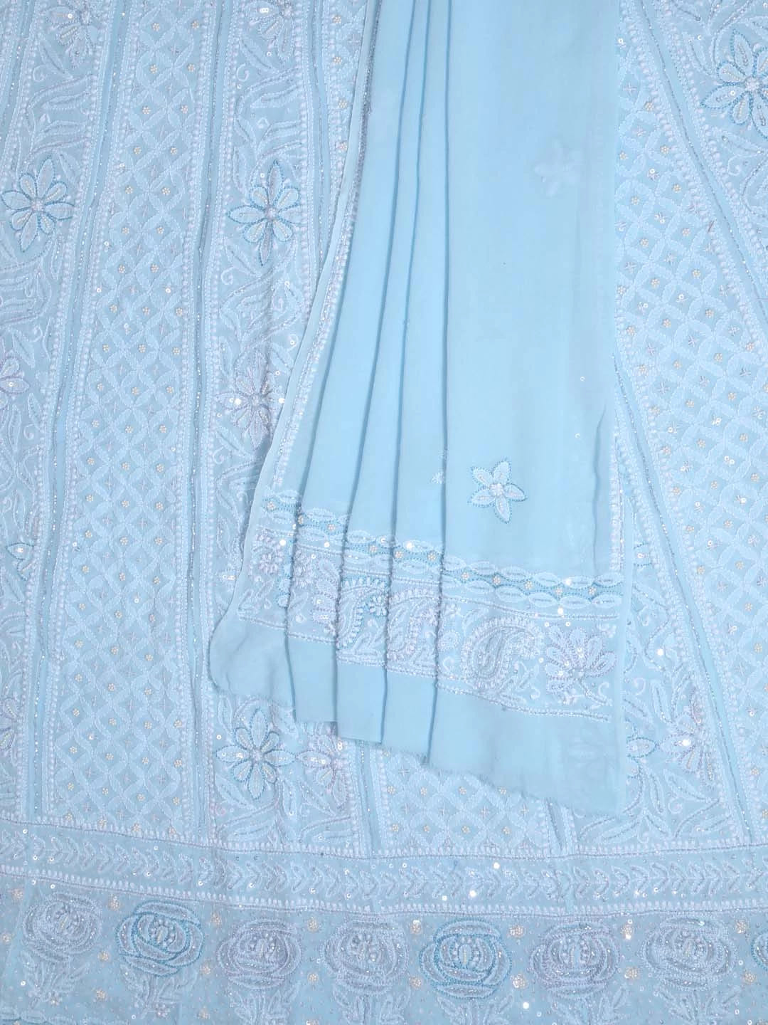 Ada Hand Embroidered Baby Blue Pure Georgette Lucknowi Chikankari Semi-Stitched Anarkali Kurta Dupatta Set With Cutdana Work 01A345670