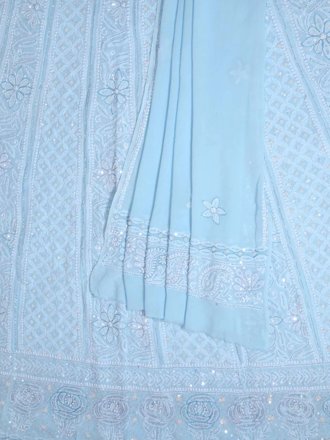 Ada Hand Embroidered Baby Blue Pure Georgette Lucknowi Chikankari Semi-Stitched Anarkali Kurta Dupatta Set With Cutdana Work 01A345670