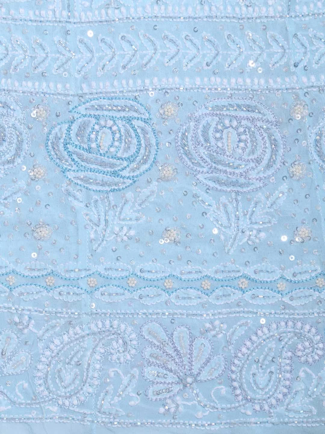 Ada Hand Embroidered Baby Blue Pure Georgette Lucknowi Chikankari Semi-Stitched Anarkali Kurta Dupatta Set With Cutdana Work 01A345670