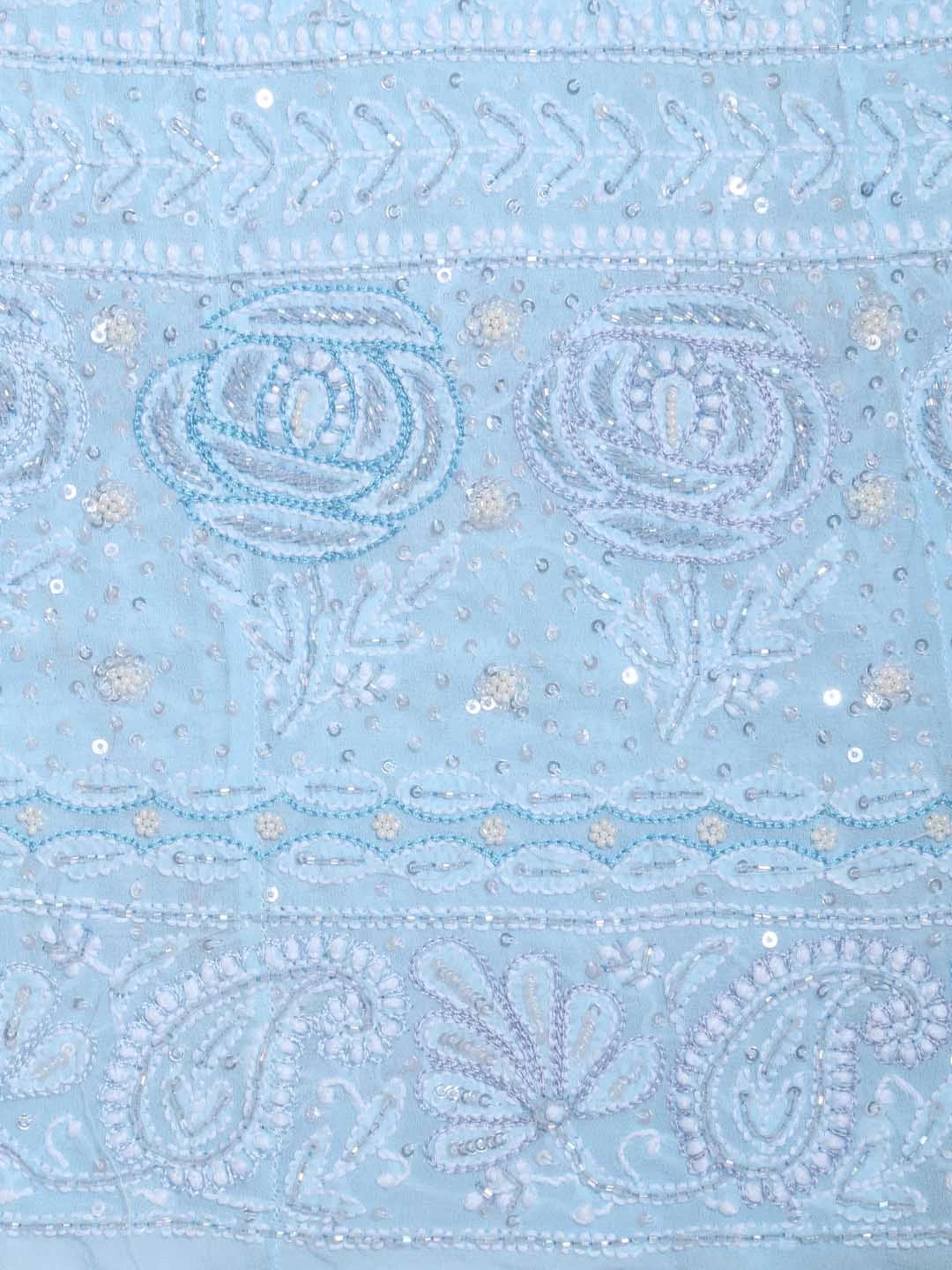 Ada Hand Embroidered Baby Blue Pure Georgette Lucknowi Chikankari Semi-Stitched Anarkali Kurta Dupatta Set With Cutdana Work 01A345670