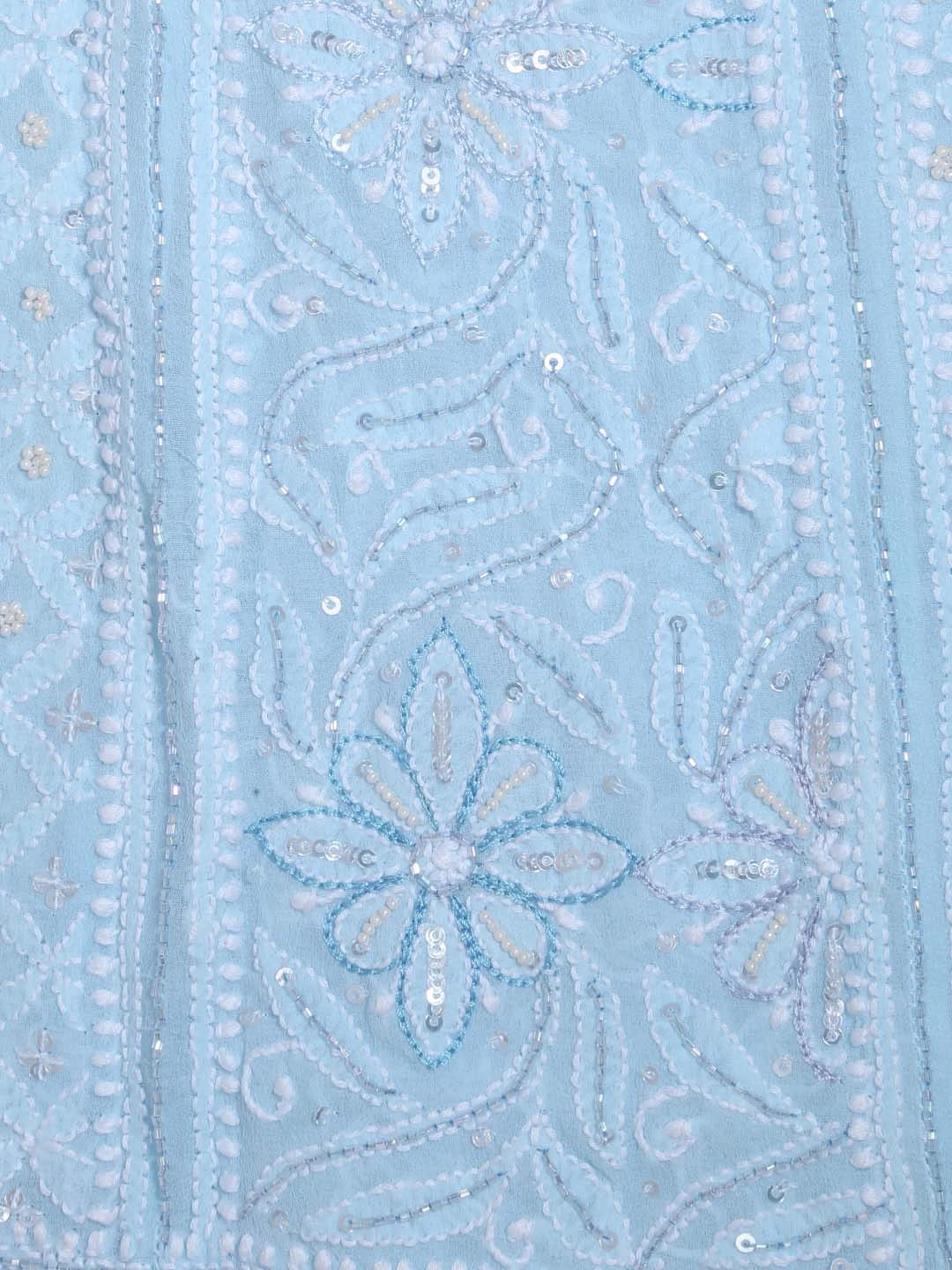 Ada Hand Embroidered Baby Blue Pure Georgette Lucknowi Chikankari Semi-Stitched Anarkali Kurta Dupatta Set With Cutdana Work 01A345670