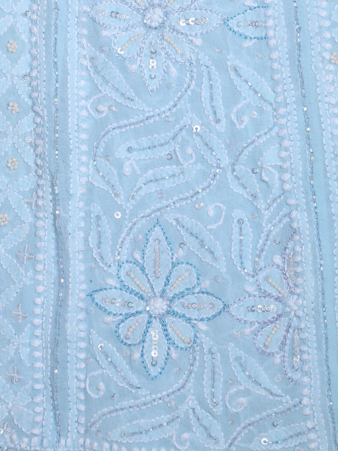 Ada Hand Embroidered Baby Blue Pure Georgette Lucknowi Chikankari Semi-Stitched Anarkali Kurta Dupatta Set With Cutdana Work 01A345670