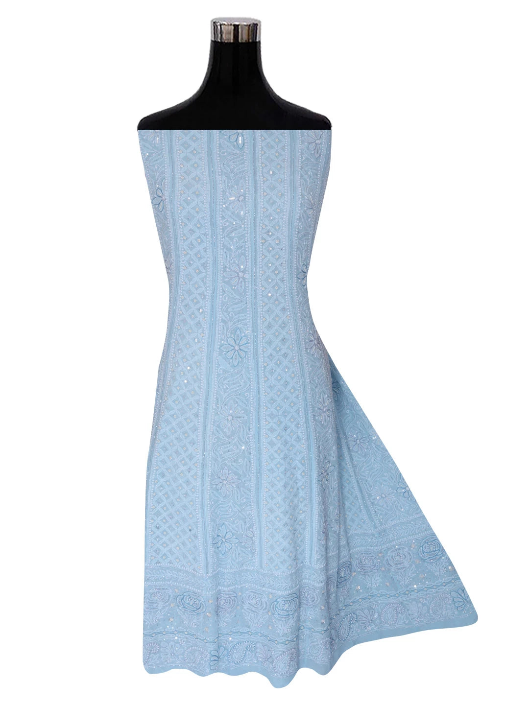 Ada Hand Embroidered Baby Blue Pure Georgette Lucknowi Chikankari Semi-Stitched Anarkali Kurta Dupatta Set With Cutdana Work 01A345670