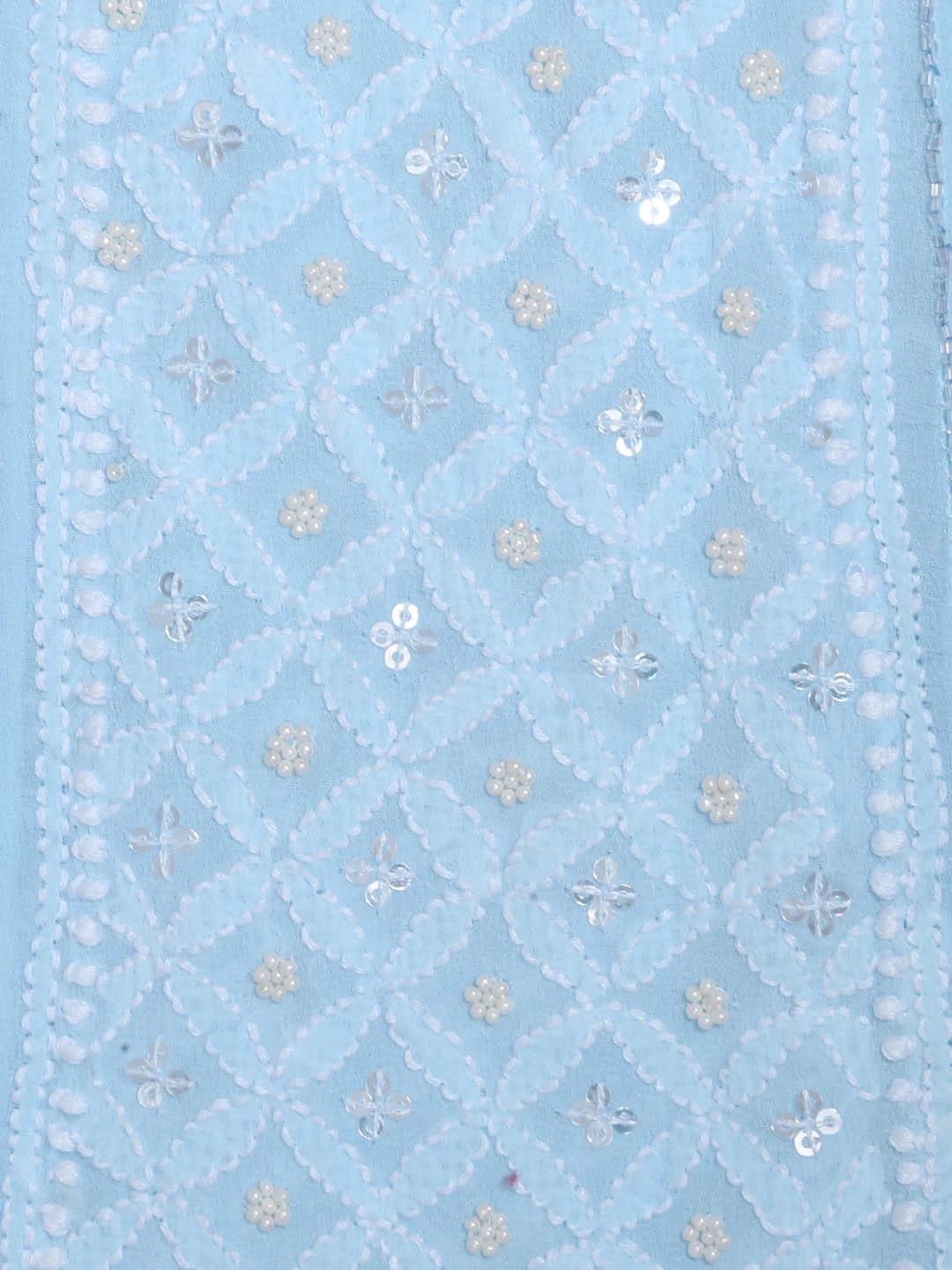 Ada Hand Embroidered Baby Blue Pure Georgette Lucknowi Chikankari Semi-Stitched Anarkali Kurta Dupatta Set With Cutdana Work 01A345670