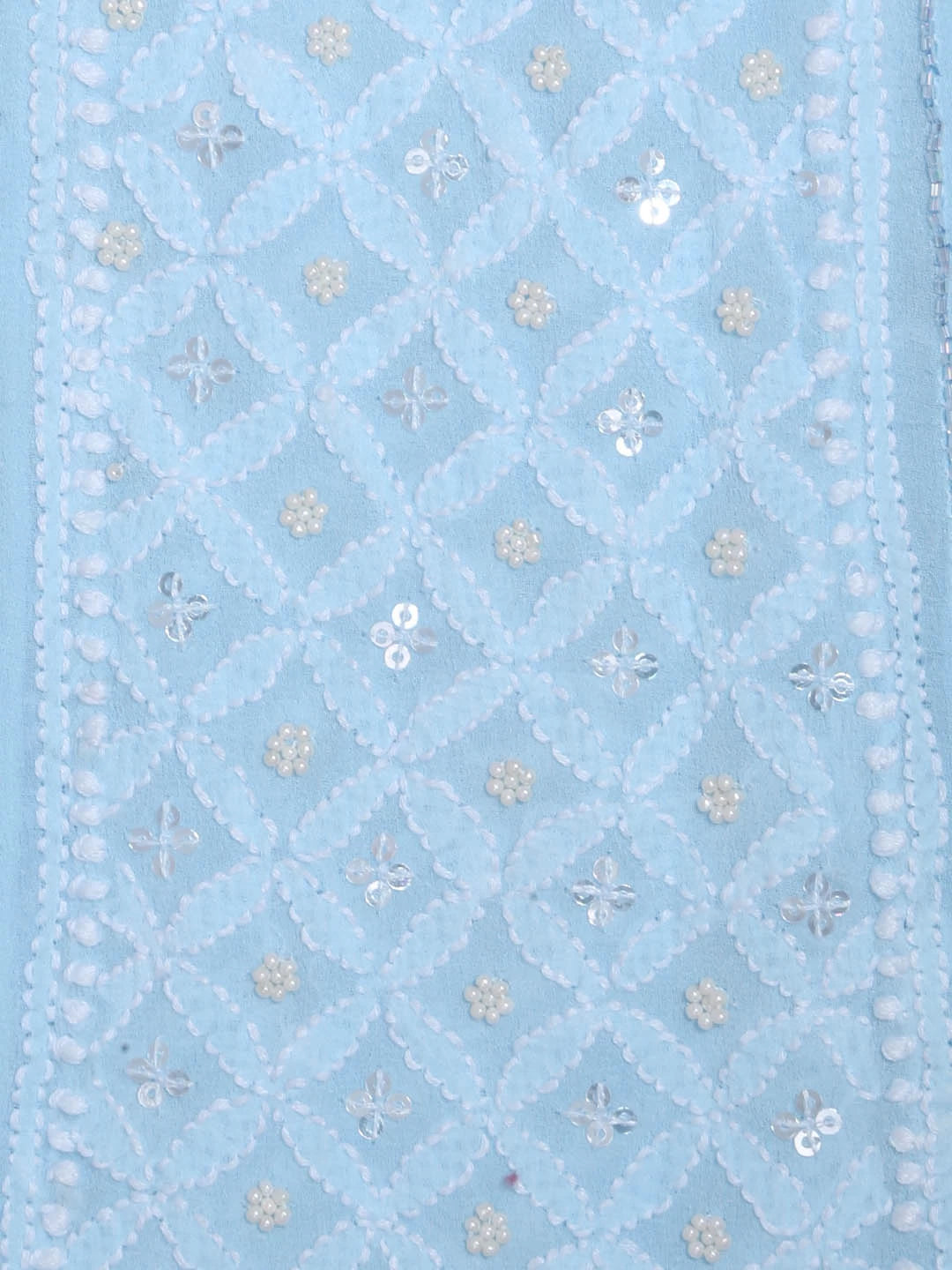 Ada Hand Embroidered Baby Blue Pure Georgette Lucknowi Chikankari Semi-Stitched Anarkali Kurta Dupatta Set With Cutdana Work 01A345670