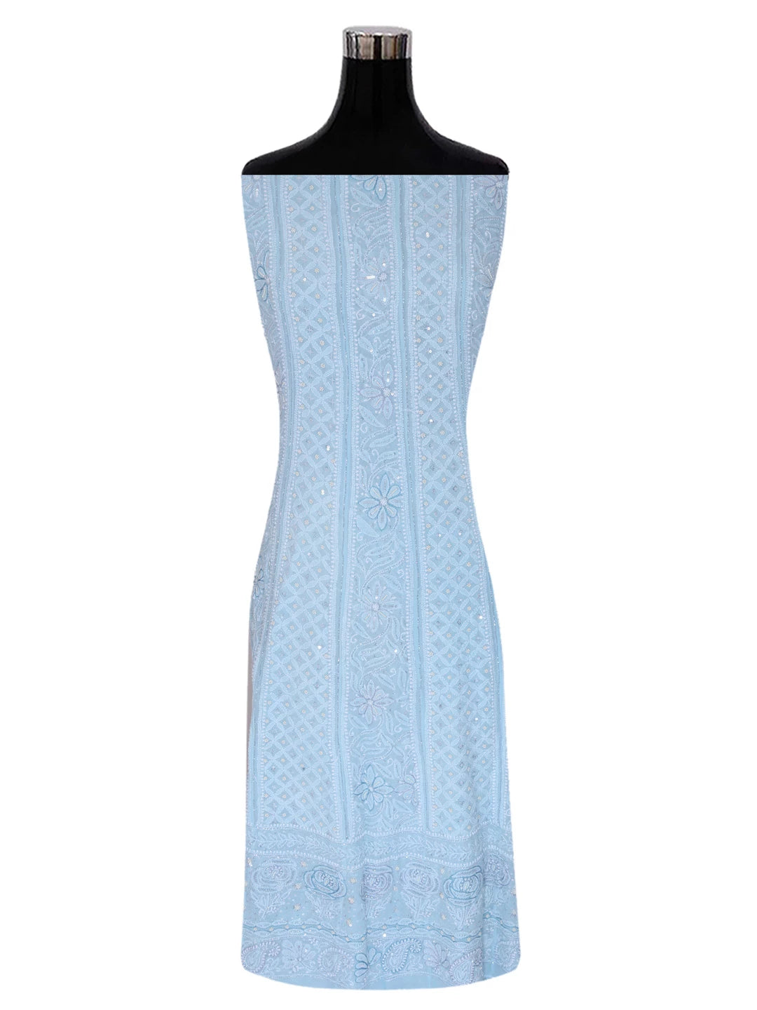 Ada Hand Embroidered Baby Blue Pure Georgette Lucknowi Chikankari Semi-Stitched Anarkali Kurta Dupatta Set With Cutdana Work 01A345670