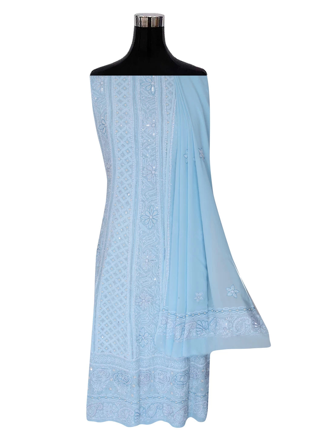 Ada Hand Embroidered Baby Blue Pure Georgette Lucknowi Chikankari Semi-Stitched Anarkali Kurta Dupatta Set With Cutdana Work 01A345670