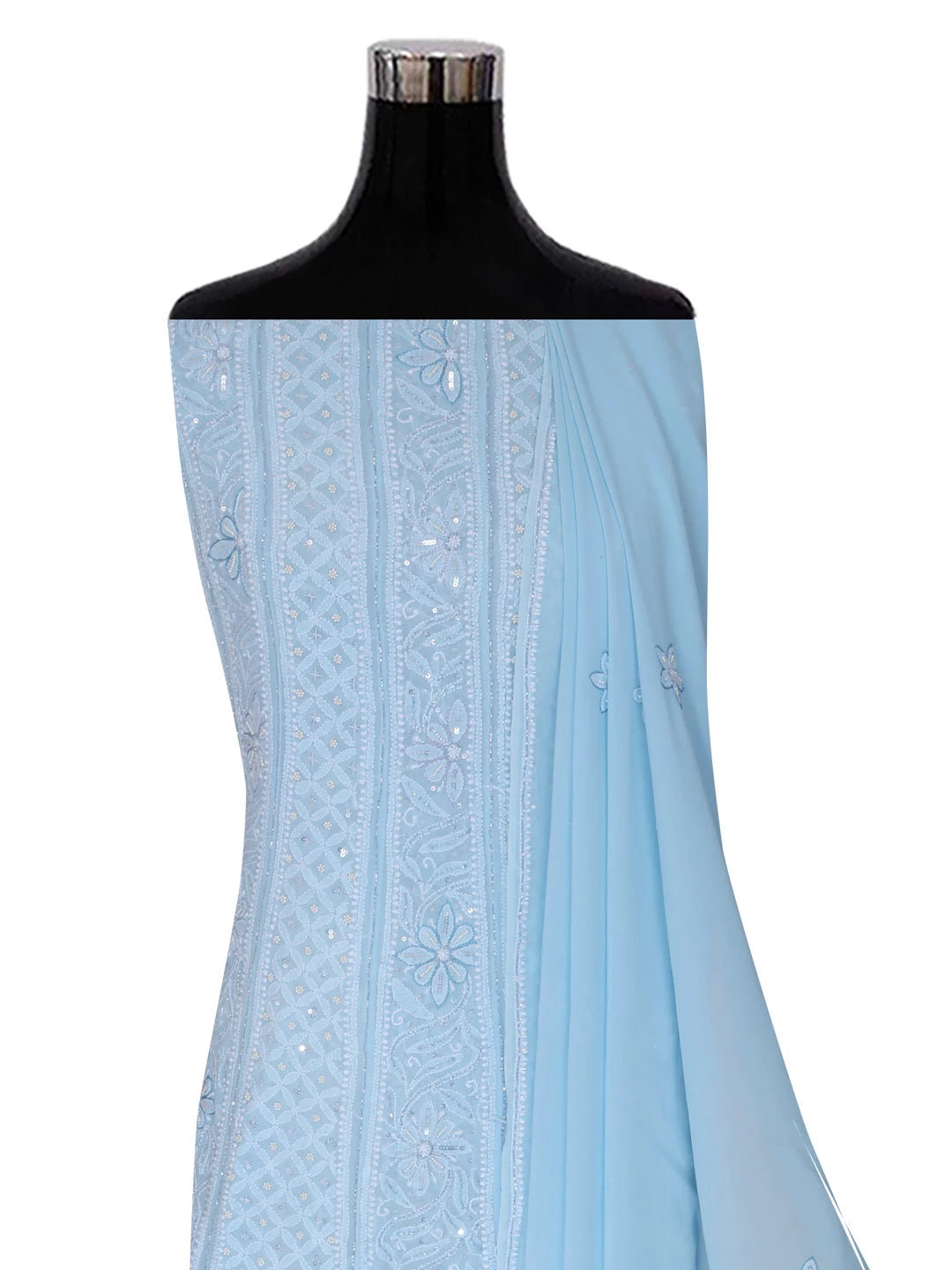 Ada Hand Embroidered Baby Blue Pure Georgette Lucknowi Chikankari Semi-Stitched Anarkali Kurta Dupatta Set With Cutdana Work 01A345670