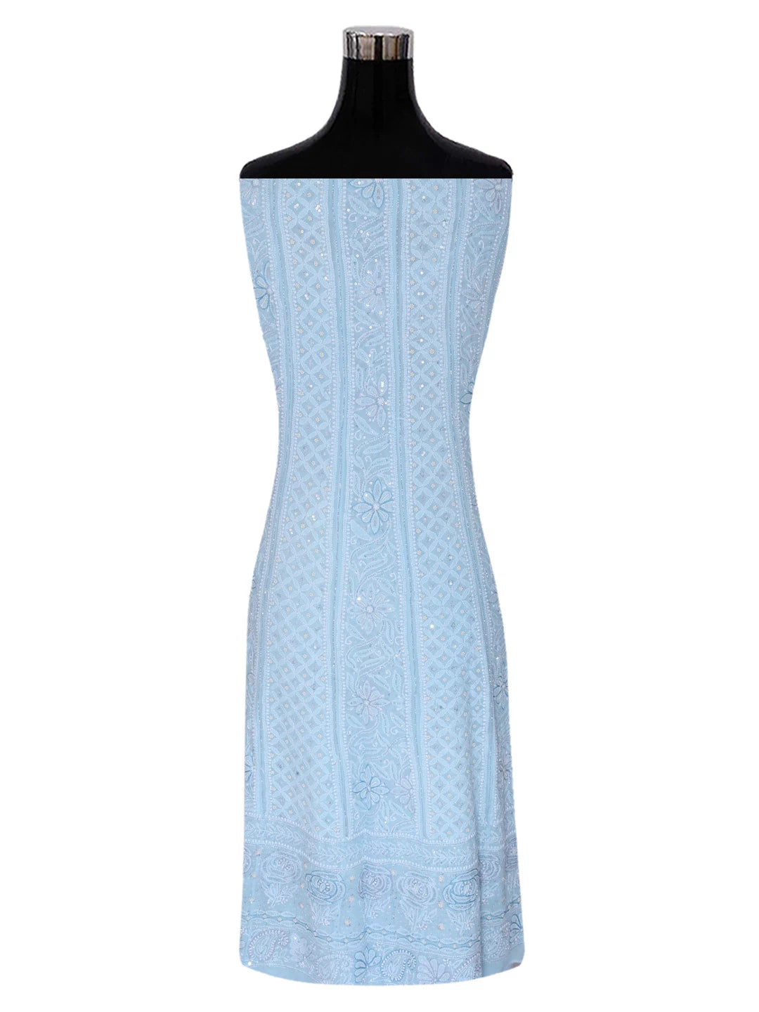 Ada Hand Embroidered Baby Blue Pure Georgette Lucknowi Chikankari Semi-Stitched Anarkali Kurta Dupatta Set With Cutdana Work 01A345670